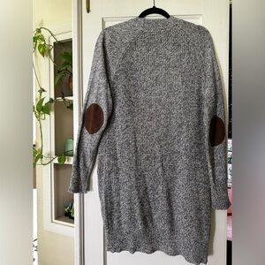 Long gray cardigan with brown elbow patches